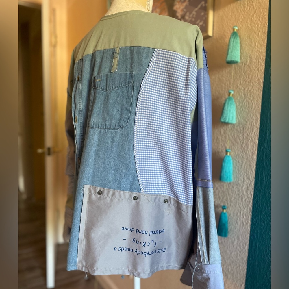 Patchwork Blue Button-Up Shirt - image 4